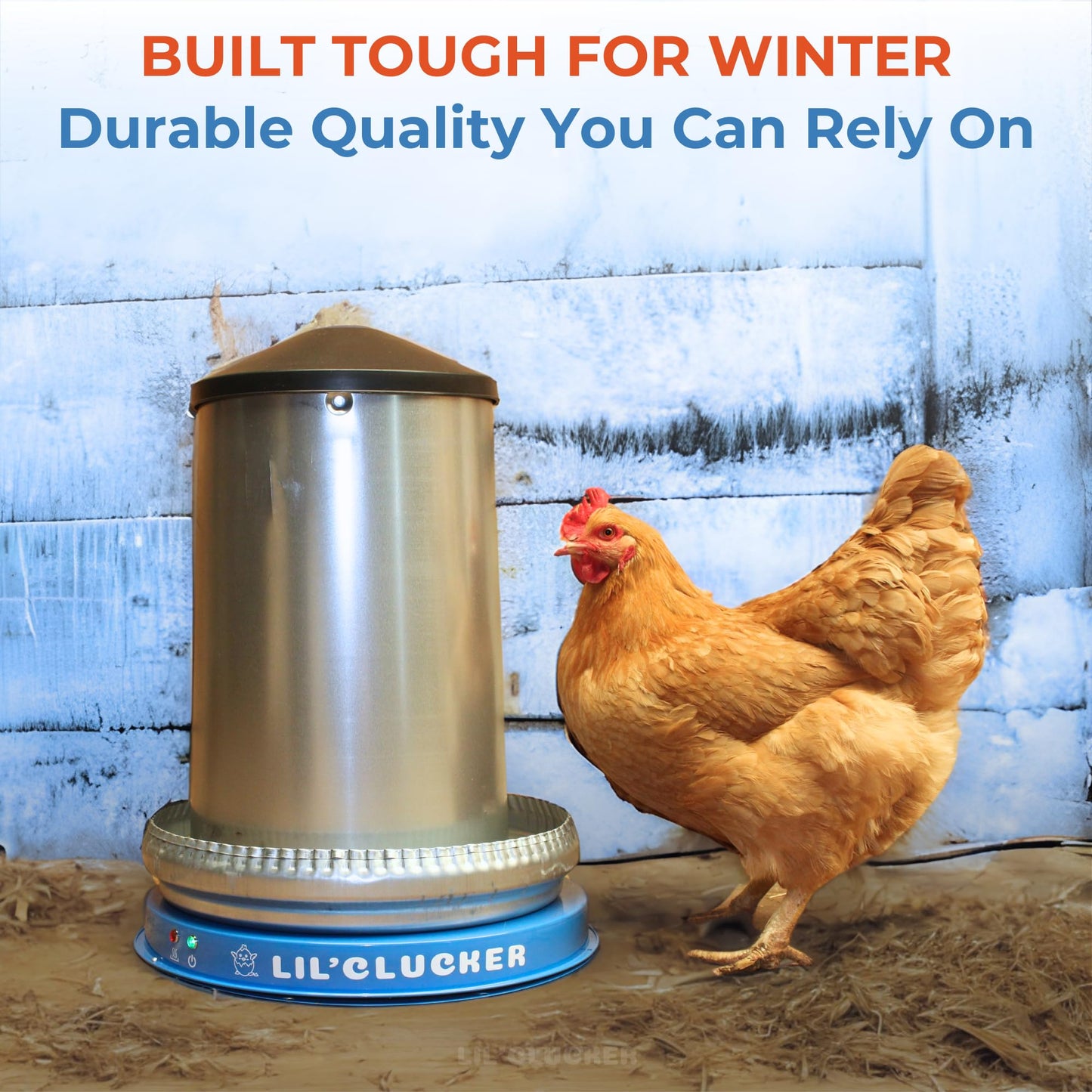 Lil'Clucker Heated Base for Chicken Waterer – Automatic Metal Freeze Proof Heated Chicken Waterer with Heater & LED – Poultry Heated Waterer for Winter (Blue, 15 Inch)