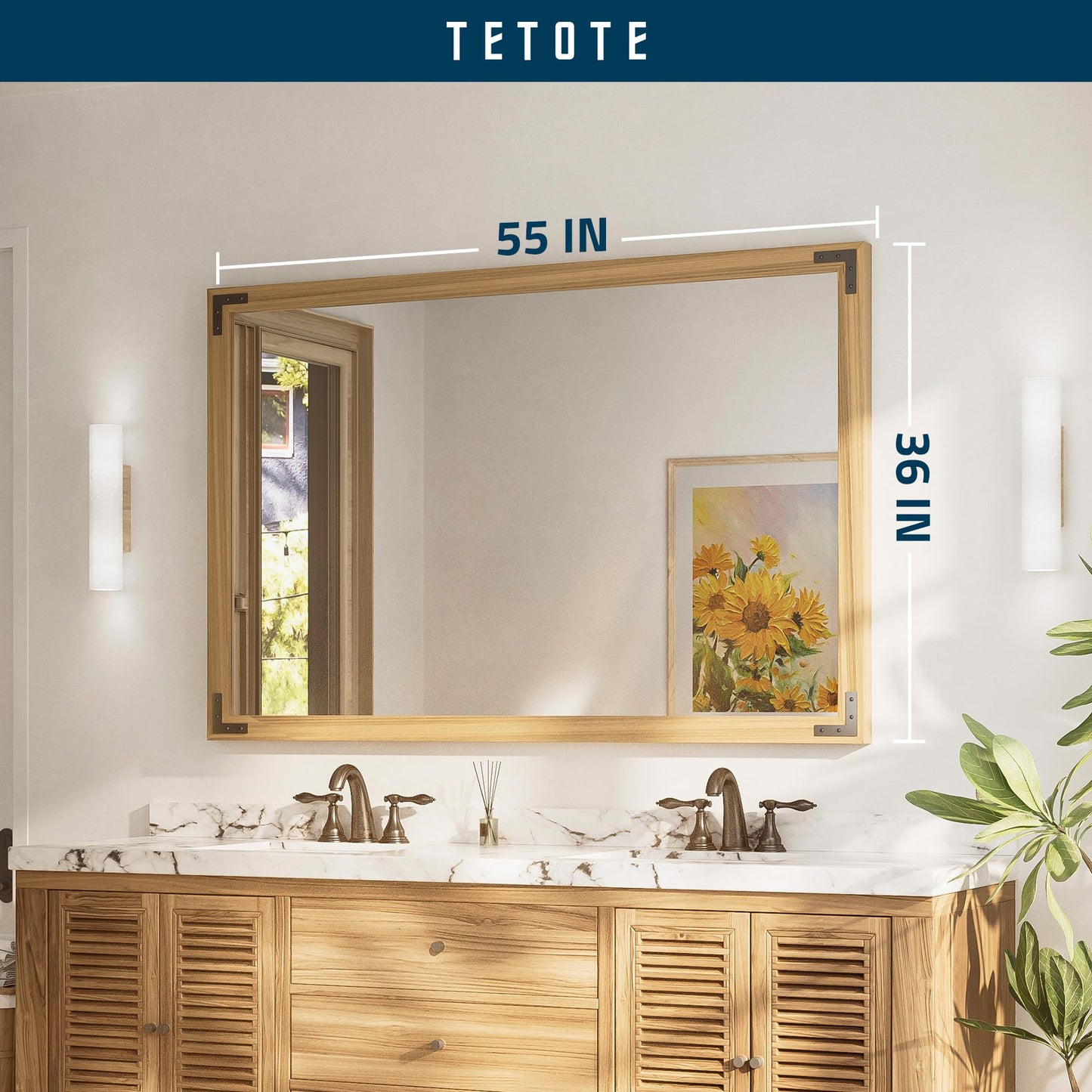 TETOTE 55 x 36 Natural Wooden Mirror for Bathroom Wall/Bedroom/Living Room/Entryway Farmhouse Rustic Bathroom Vanity Mirror Waterproof (Horizontal/Vertical Mounted)