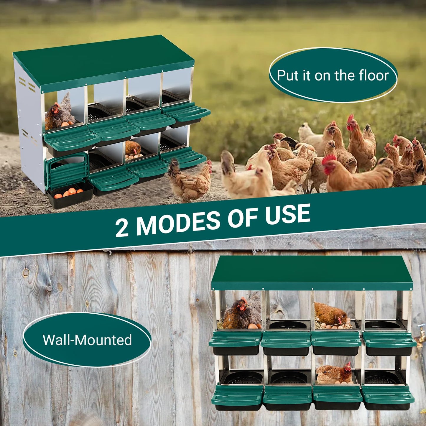 Chicken Nesting Box With 8 Compartments - Roll Away Laying Boxes for Hens, Lid Cover for Chicken Coop, Green