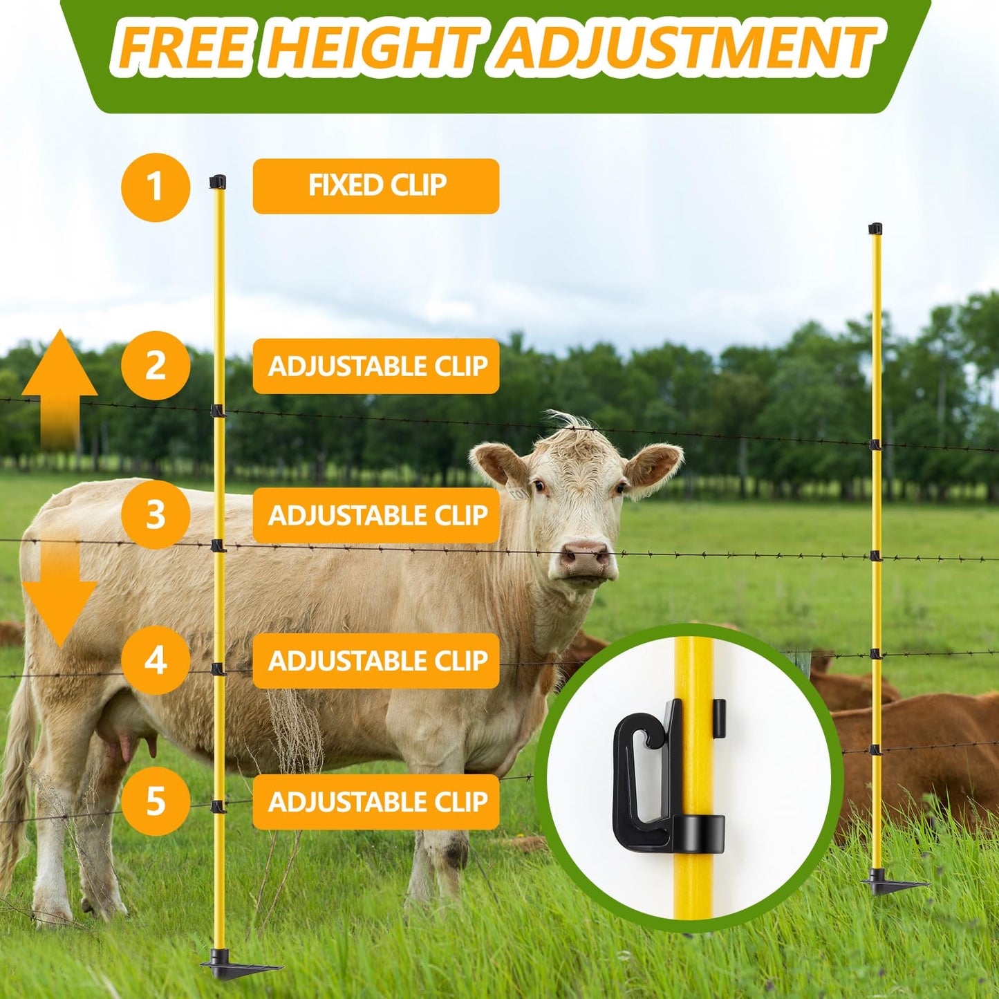 Maasechs 80 Inches Electric Fence Posts Fiberglass Step-in 20 Pack, Temporary Fence Stakes with Adjustable Clips for Livestock, Garden, Farm Protection