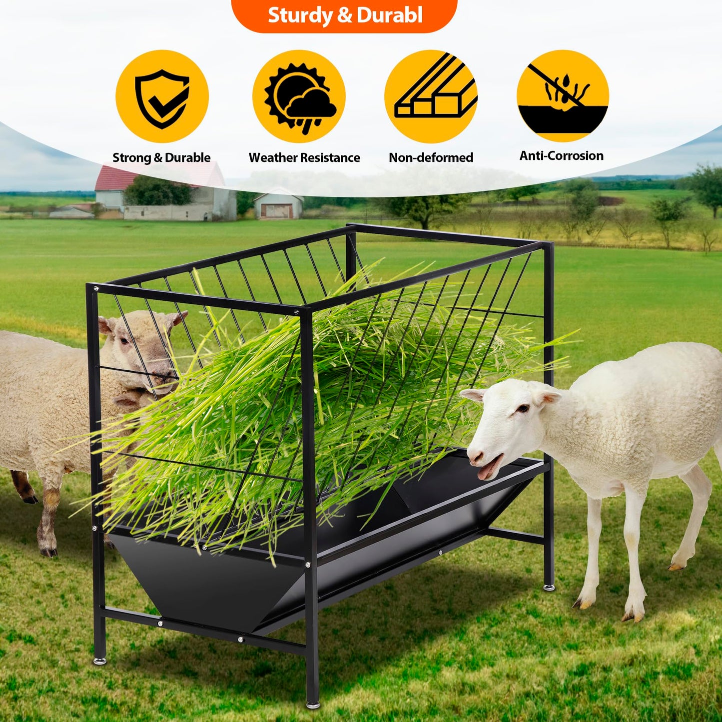 Oxphanor Pasture Hay Feeder 45 Gallon, Heavy-Duty Hay Grain Livestock Feeder with 24 Gallon Feed Pan, Livestock Feeding Trough Quick to Assemble, Feeding Goats, Calves, Cow, Horse for Farms