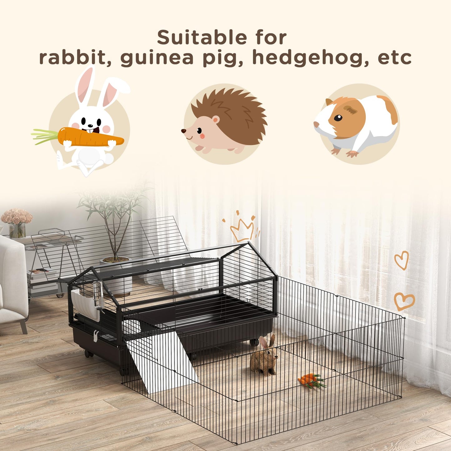 PawHut Small Animal Cage with Foldable Run Area, Rolling Bunny Cage, Guinea Pig Cage with Water Bottle, Water Bowl, and Ramps, 46.5"