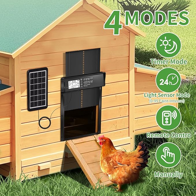 ONKO Automatic Chicken Coop Door Solar Powered with LCD Display, Automatic Chicken Door with Timer & Light Sensor - Remote Control, Anti-Pinch Safety Design & Durable Aluminum Alloy Construction