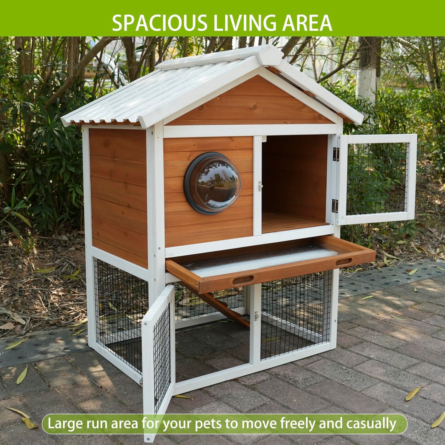 YOPTO 2-Tier Wooden Rabbit Hutch with Waterproof Roof,Outdoor Bunny Cage with Removable Pull-Out Tray,Viewing Window Design for Small Animals,Enclosure for Guinea Pigs & Hamsters,White+Red