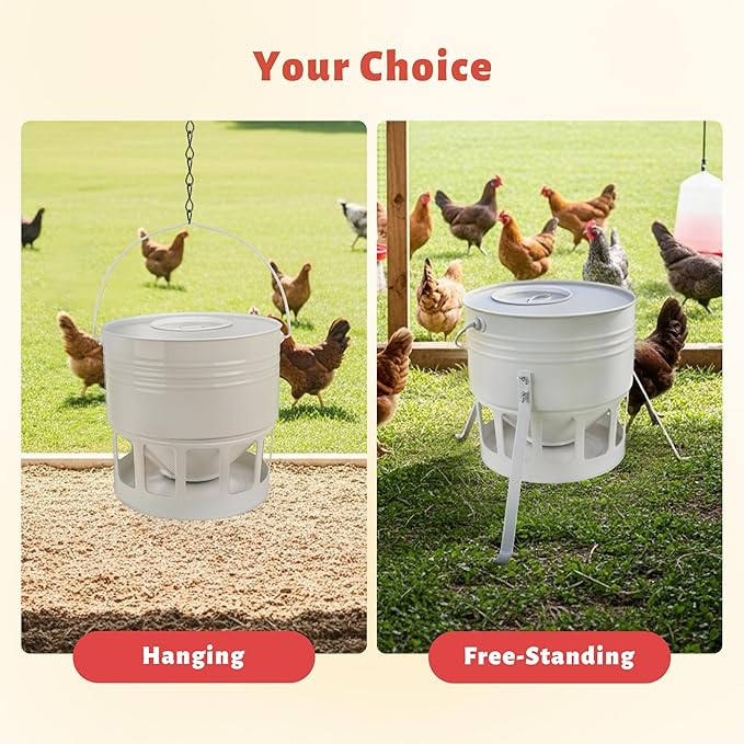 KOL Metal Chicken Feeder - 20lbs Ground Poultry Feeder with 12 Ports, Powder Coated Rust-Proof Design & Smooth Edges for Safe Feeding (Jade White)