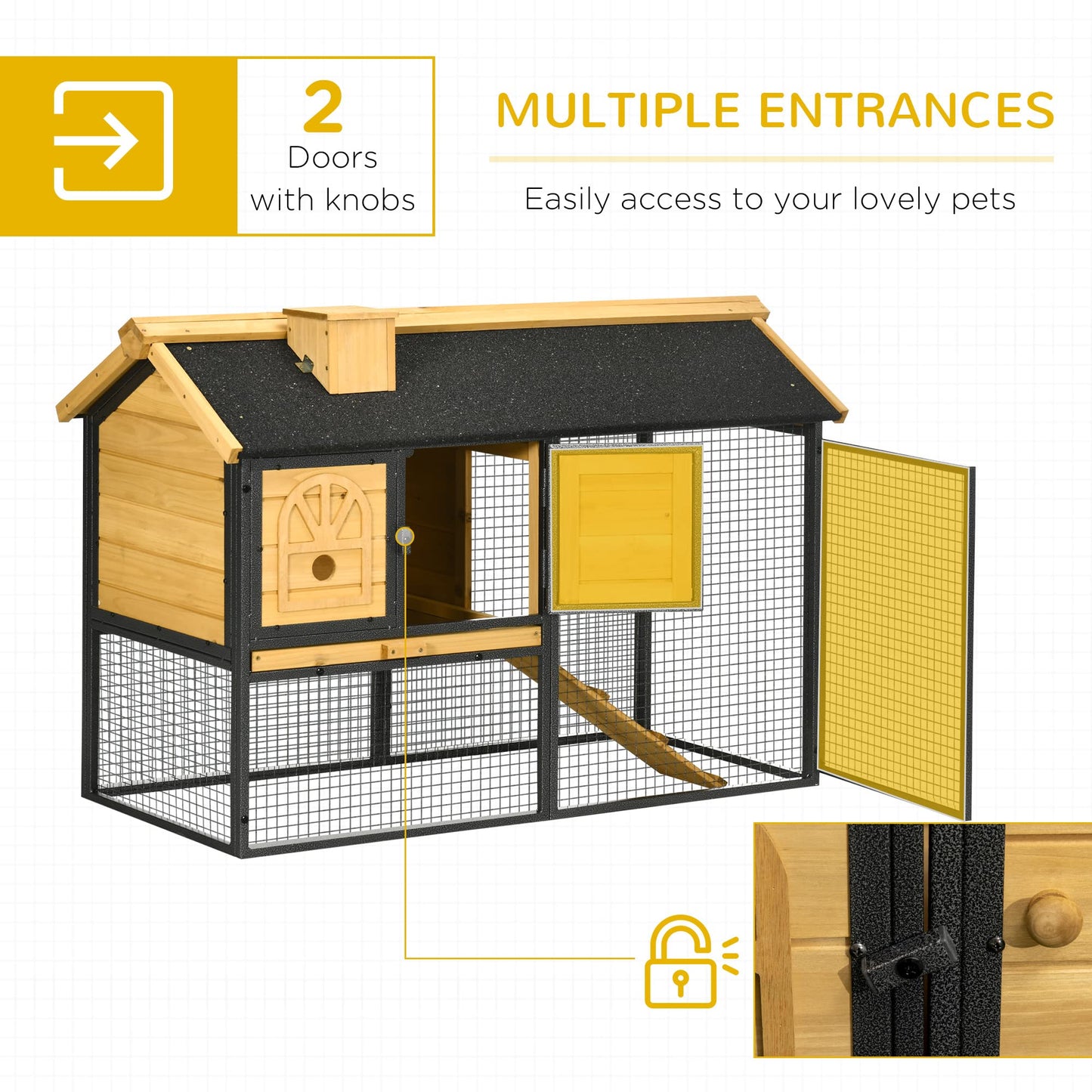 PawHut 47" Wooden Rabbit Hutch Outdoor with Run, Metal Frame, 2-Story Bunny Rabbit Cage with Removable Tray, Ramp, Bunny Hutch with Space-Saving Design