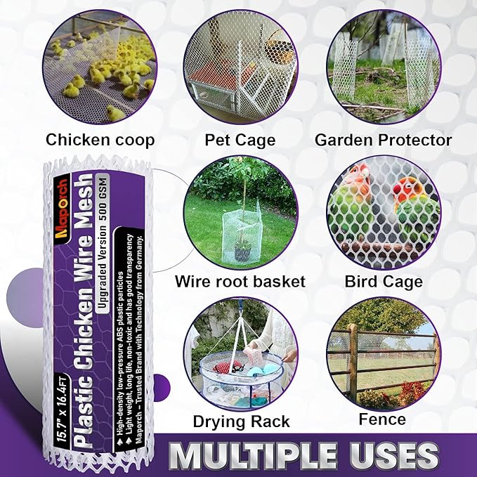Maporch Upgraded 15.7" x 16.4 ft White Plastic Chicken Wire Fence Mesh, Included 1 Wire Cutting Scissor, Hexagonal Fencing Wire for Gardening, Poultry Fencing, Wire Frame for Crafts, Floral Netting