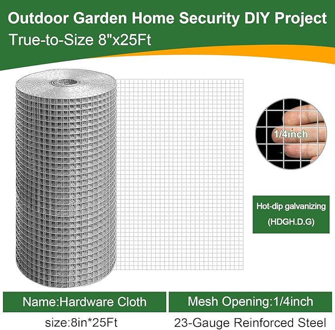8in x 25Ft Hardware Cloth Hot-Dip Galvanized Welded Wire Mesh - Heavy Duty 23 Gauge Chicken Wire Fencing for Garden, Chicken Coop, Rabbit Cage, Rodent & Predator Protection
