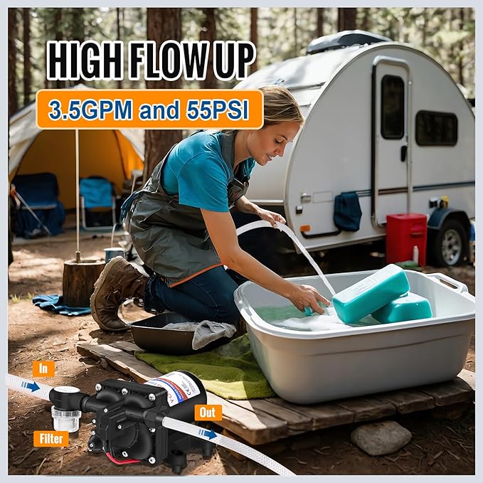 YOUNGTREE 12V RV Water Pump 3.5GPM 55PSI On Demand Fresh Water Pressure Diaphragm Pump 12 Volt Self Priming with Pressure Switch for RV Camper Marine Sprayer Outdoor Shower Kitchen Garden