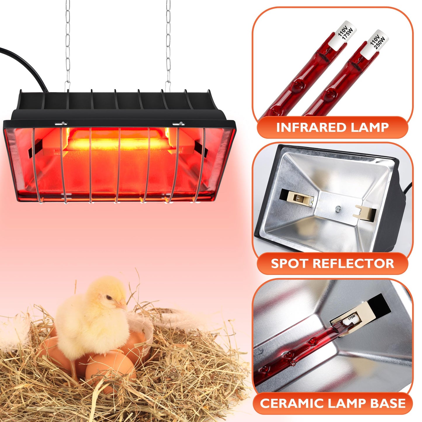 Heat Lamp for Chickens Chicks, Chicken Coop Heater with Adjustable Temp Hanging Height for Winter
