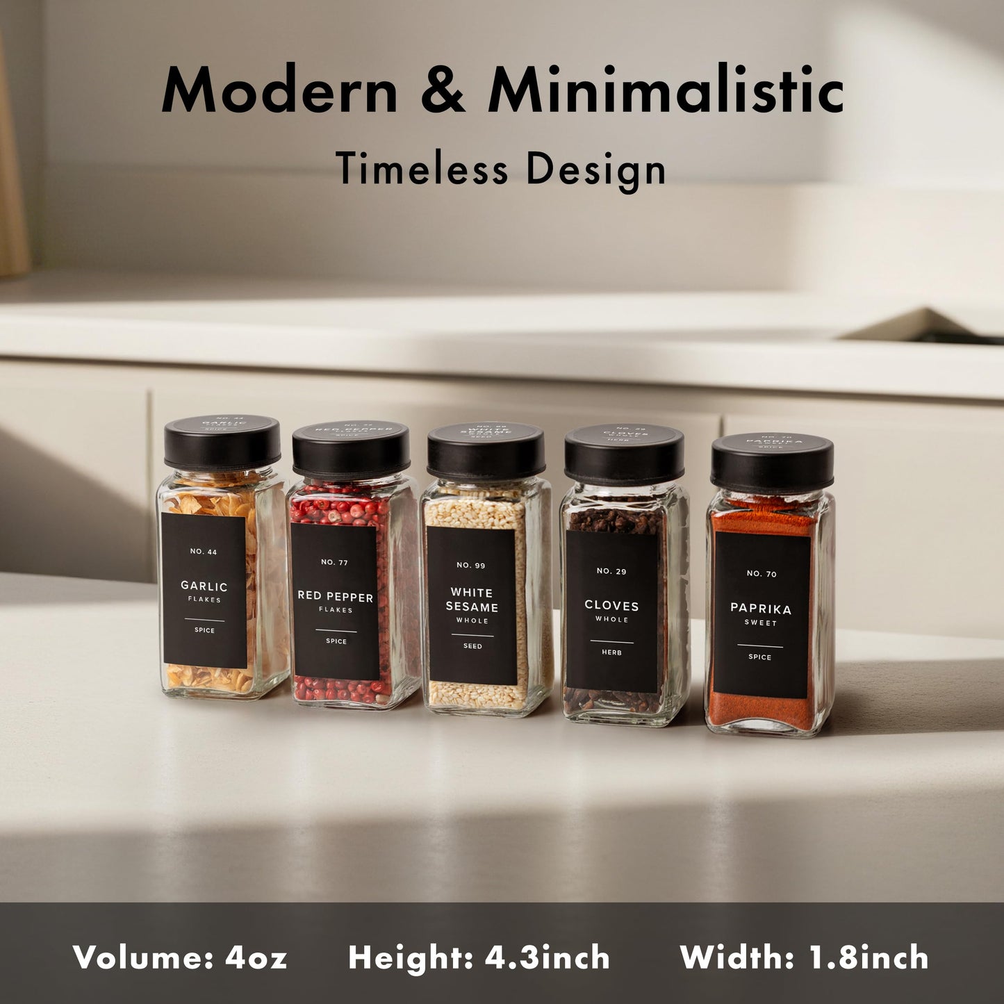 EDELHAUS Glass Spice Jars with Label and Stainless Steel Lids (24 x 4oz) Spice Containers with 240 Labels, Shaker Inserts, Steel Funnel, Empty Square Empty Square Seasoning Organizer (Black)