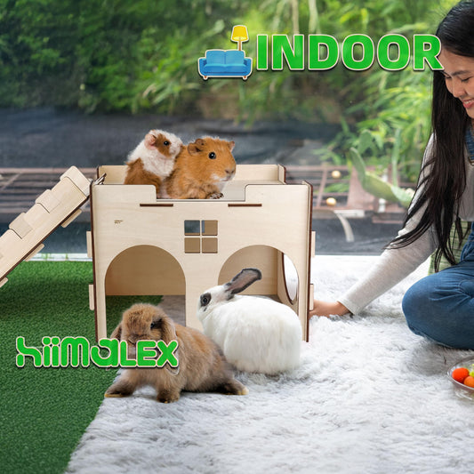 HIIMALEX Extra Large Sturdy Bunny Hideout Wooden Rabbit Castle with Ramp Indoor House Habitat for Rabbits Hamsters Guinea Pigs Ferrets Bunnies