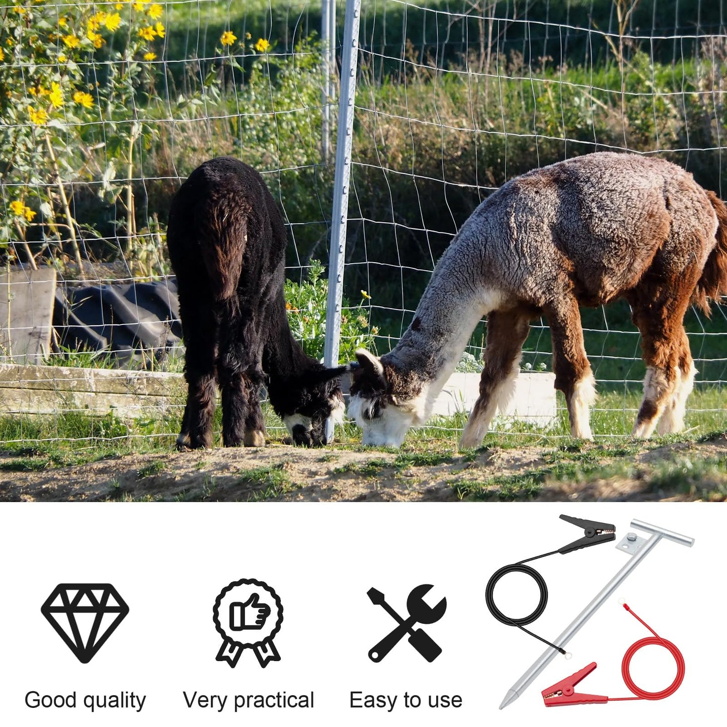 Electric Fence Wire - Grounding Rod for Solar Powered Energizers, Alligator Clip Lead Wire for Electric Fence Chargers, Ideal for Generator Use