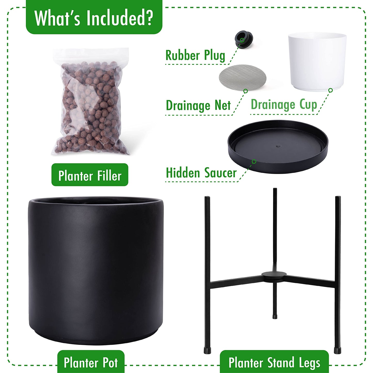 D'vine Dev Mid Century Plants Pot Cylinder Planter with Heavy Duty Stand, XX-Large 16 Inch Pot, 22.8 Inch with Stand Height, Black, 96-T-B-5