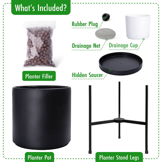 D'vine Dev Mid Century Plants Pot Cylinder Planter with Heavy Duty Stand, XX-Large 16 Inch Pot, 22.8 Inch with Stand Height, Black, 96-T-B-5