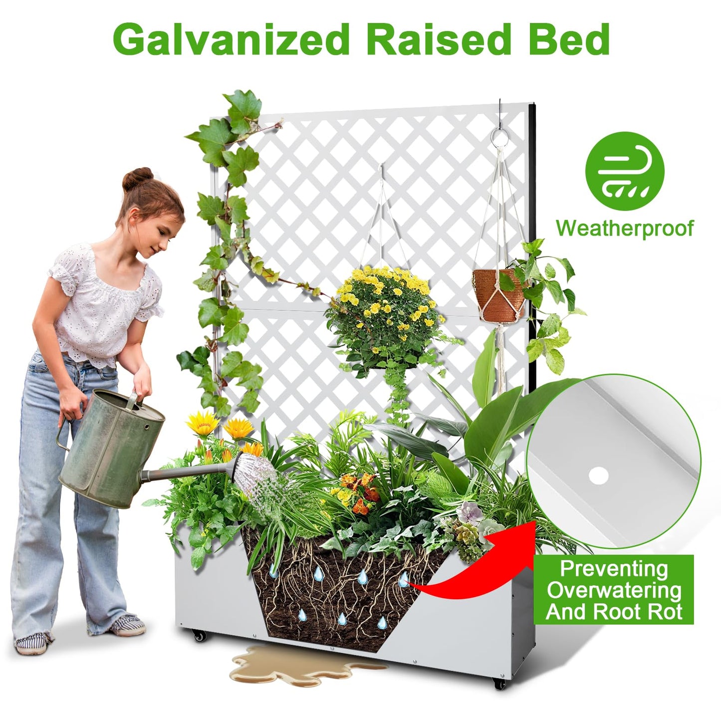 Mochalight Metal Raised Garden Bed with Trellis and Wheels, Metal Planter Box with Trellis Privacy Screen, Outdoor Planter Box with Drainage Holes for Climbing Plants, Flowers, Vegetables, White