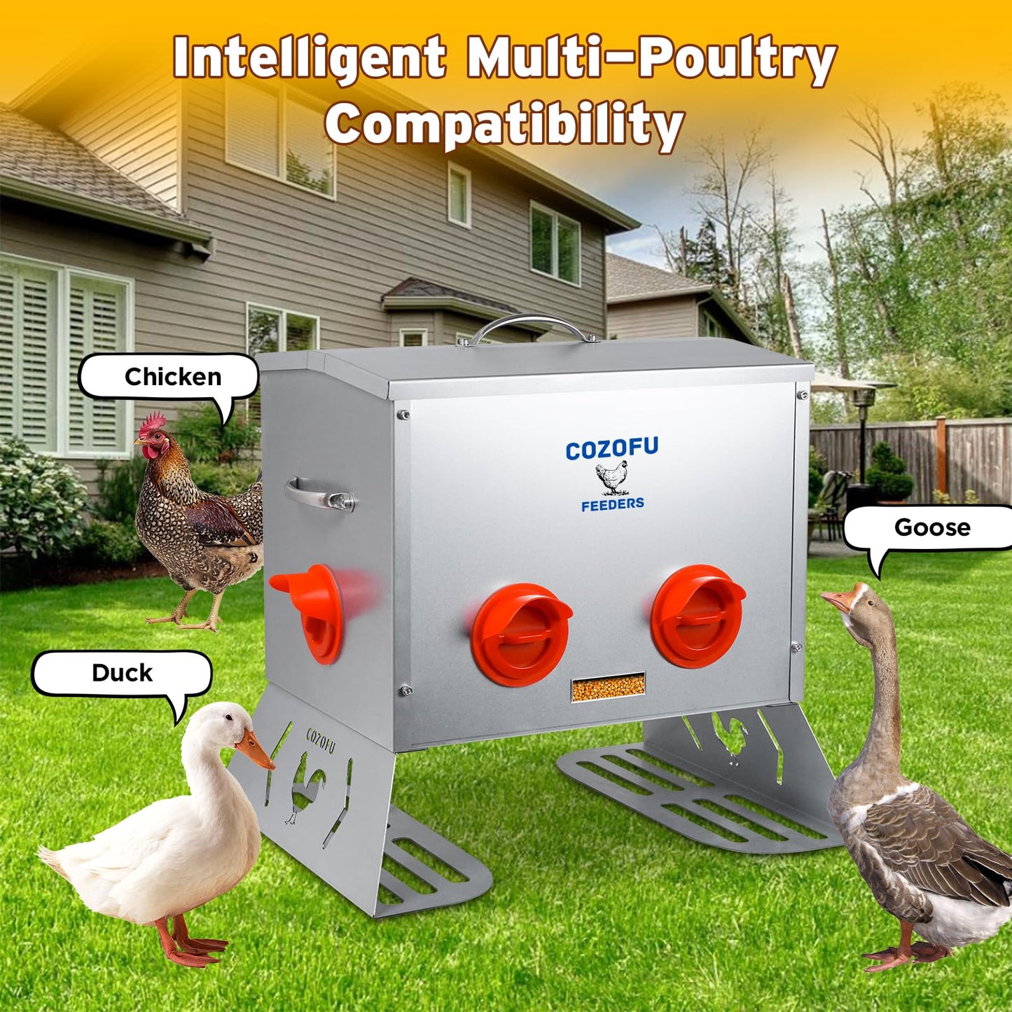 COZOFU 25 Pounds Automatic Chicken Feeder 6 Ports Large Gravity Fed Chicken Feeder with Transparent Window & Handle for Chickens Bantams Pheasants Poultry Coop Weatherproof