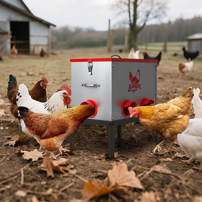 LUIHER Poultry Feeder-25LB no Waste chincken Feeder 6 Ports Large Capacity Galvanized Metal Poultry Feeder with Legs and Lids - Reduces Refilling Frequency Chicken Feeding Equipment for Hen Coop