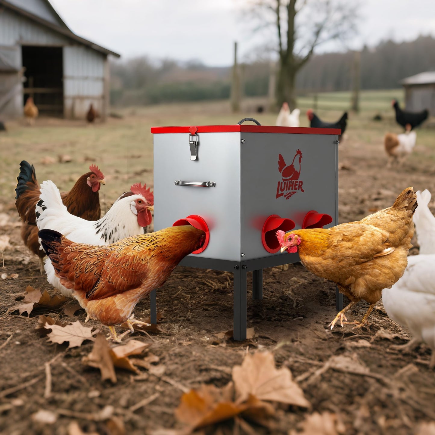 LUIHER Poultry Feeder-25LB no Waste chincken Feeder 6 Ports Large Capacity Galvanized Metal Poultry Feeder with Legs and Lids - Reduces Refilling Frequency Chicken Feeding Equipment for Hen Coop