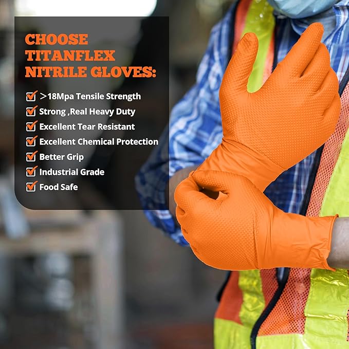 TitanFlex Heavy Duty Orange Nitrile Gloves, 6 Mil, Raised Diamond Texture, Mechanic Disposable Gloves, Latex Free Powder Free