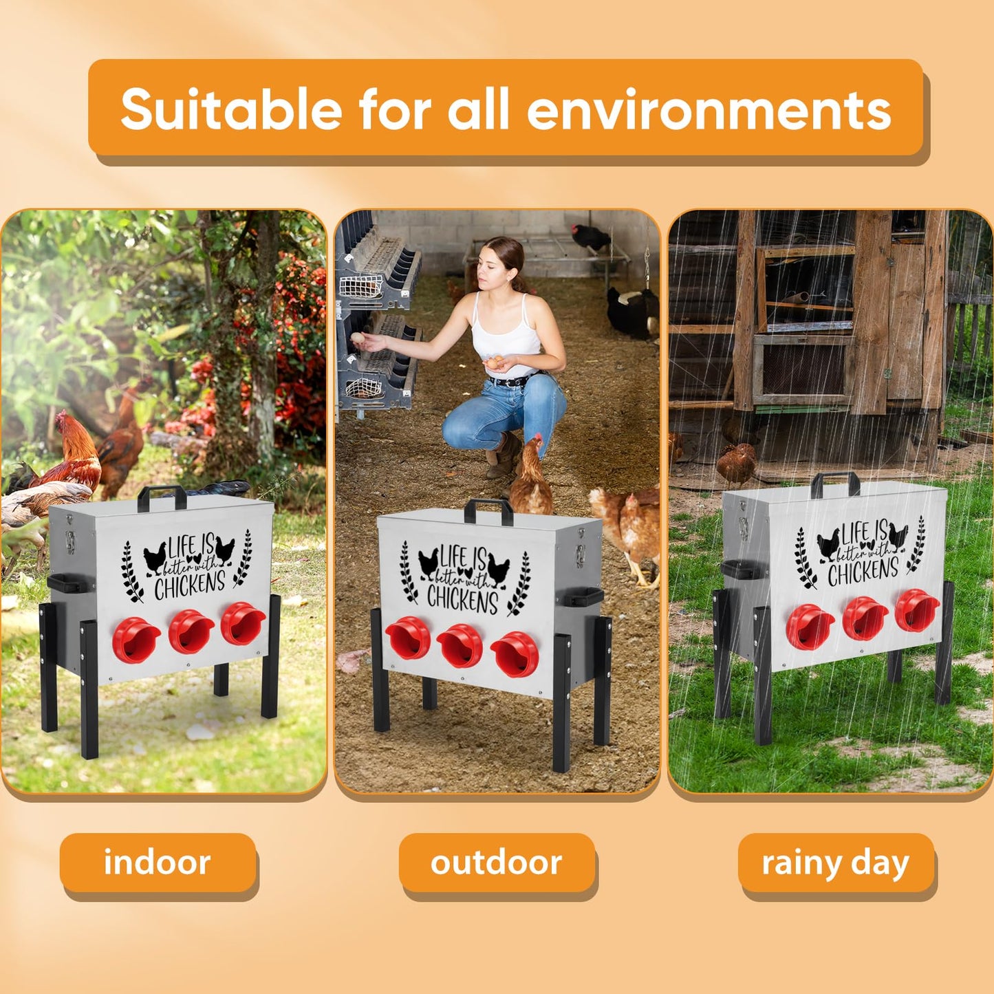 ‎Tgeyd Chicken Feeder Box 30 lbs Galvanized Metal, 6 Feeding Ports, Comes with Metal Feeder Box Stands for Chickens, Ducks, Geese