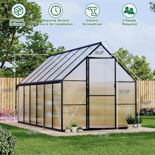 Greenhouse 8x12 FT Aluminum-Framed Heavy Duty Polycarbonate with Quick Setup Structure and Roof Vent, Large Enhanced Outdoors Green House Kit