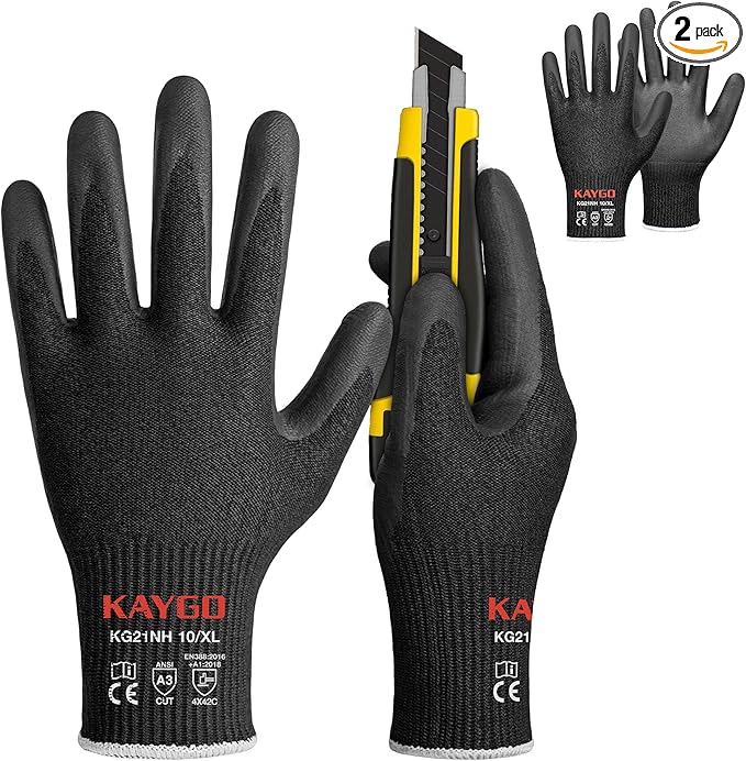 KAYGO Cut Resistant Gloves - Nitrile Micro-Foam Coated, Puncture Proof Safety Gloves for Work, Gardening, and Construction with Enhanced Grip | ANSI Cut Level A3 | KG21NB (Size XL, 2 Pairs, Black)