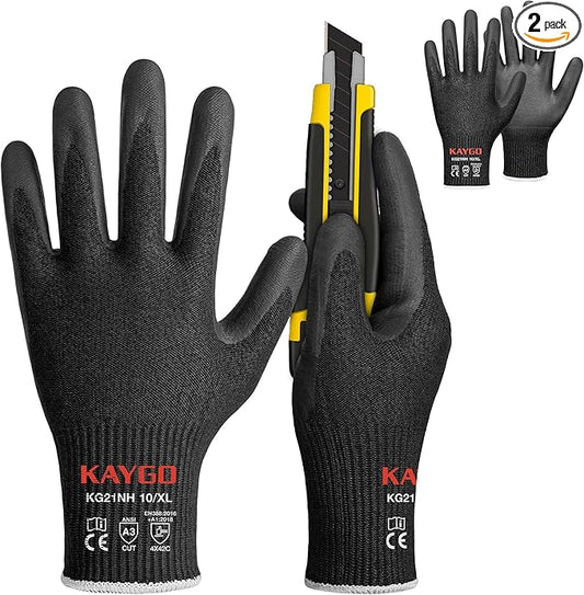 KAYGO Cut Resistant Gloves - Nitrile Micro-Foam Coated, Puncture Proof Safety Gloves for Work, Gardening, and Construction with Enhanced Grip | ANSI Cut Level A3 | KG21NB (Size XL, 2 Pairs, Black)