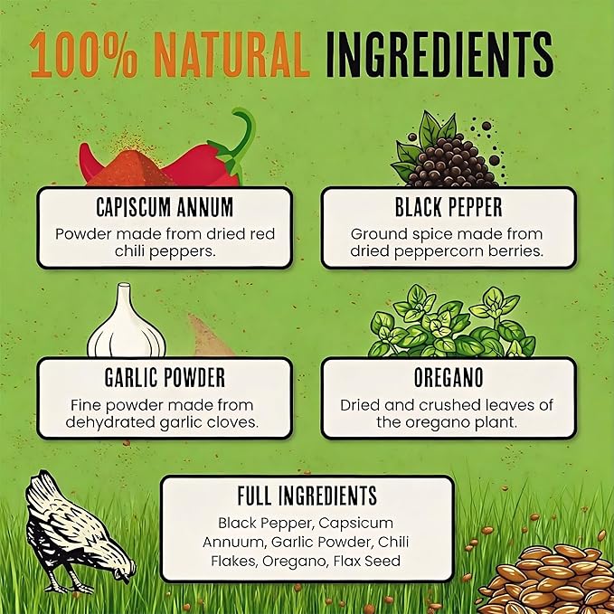 Natural Chicken Dewormer Powder - Chili Flavor | All-Natural Poultry Worm Treatment for Hens & Birds | Easy-Mix Feed Supplement | Safe for Eggs | No Withdrawal (1LB Pouch)