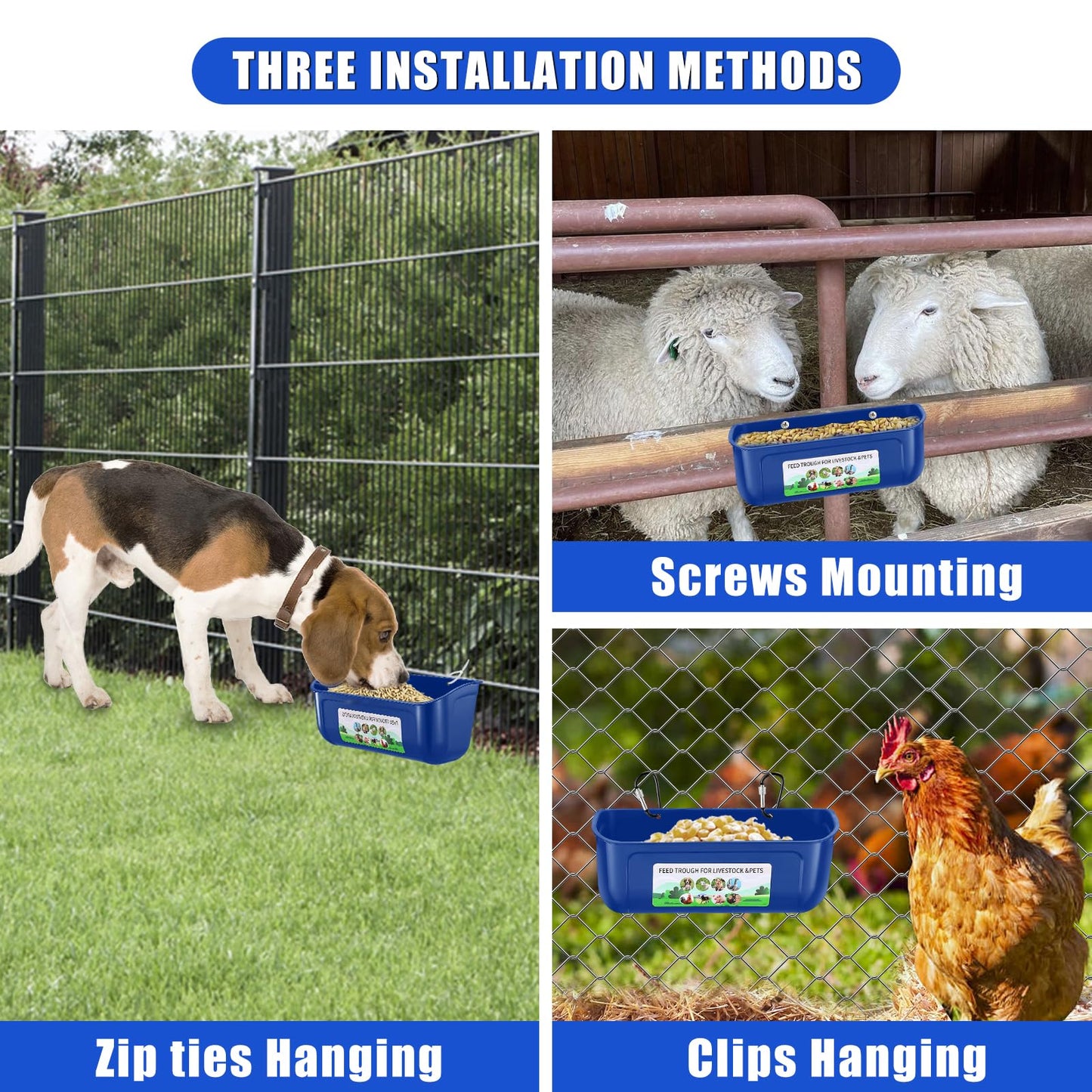 JNYLYFC Chicken Feeder Waterer, 3 Pack Duck Feeder Supplies, Hanging Fence Feed Trough with Clips for Goat, Sheeple, Piglet, Gooses, Turkeys, Dog Livestock Poultry, Blue
