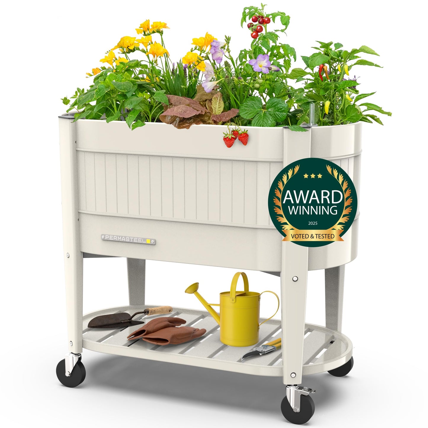 Permasteel Raised Garden Bed with Legs, 40×20×37 in, Planter Box with EnGrow™ TrueSoil™ Technology for Vegetables, Flowers, Herbs, and Fruit, Outdoor Indoor, Storage Shelf, Ivory