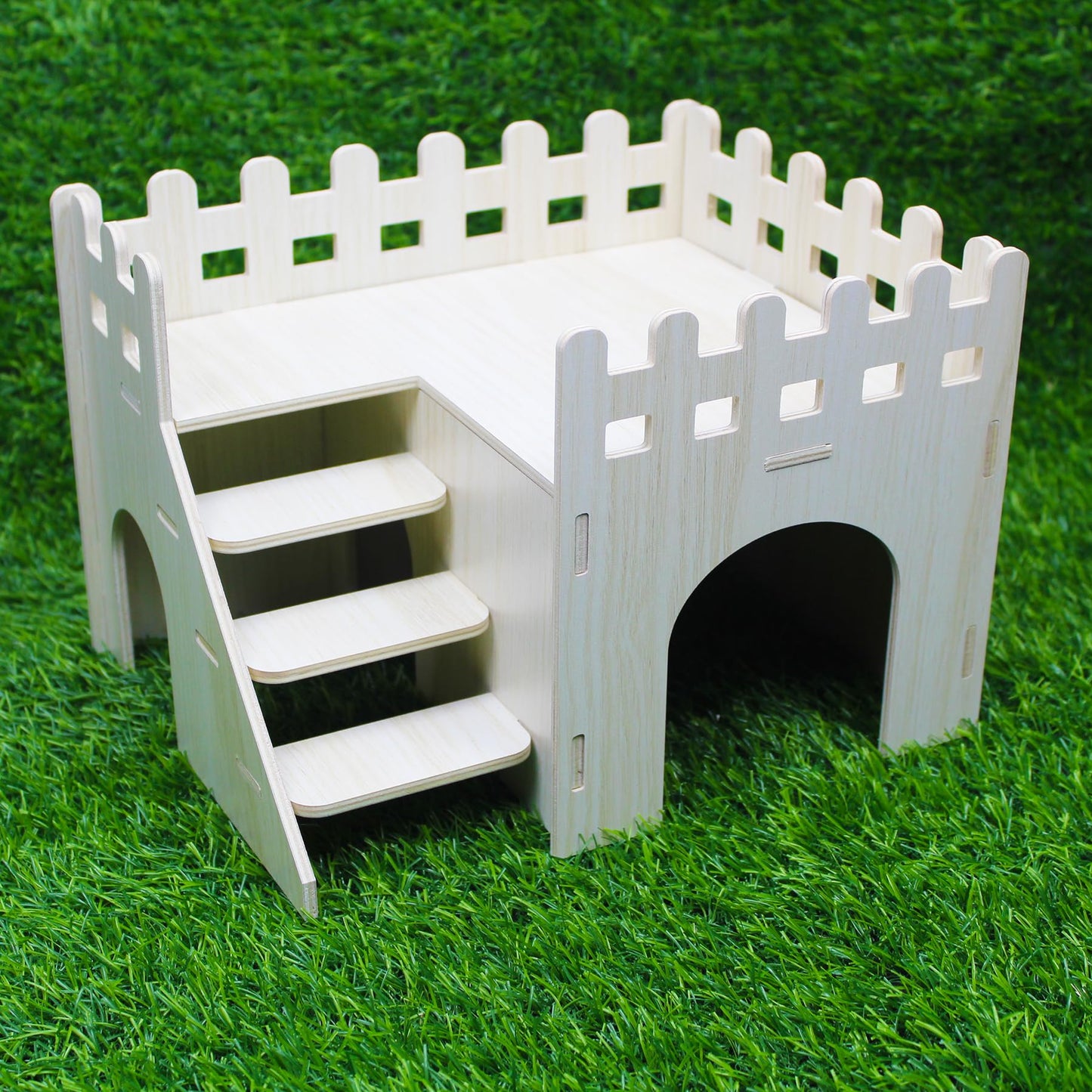 Amonk Hamster Hideout 10x8x7 inch Large Size Wooden House Wood Hut Habitats Decor with Climbing Ladder for Bunny, Chinchillas, Dwarf Rabbits, and Other Small Pet Animals