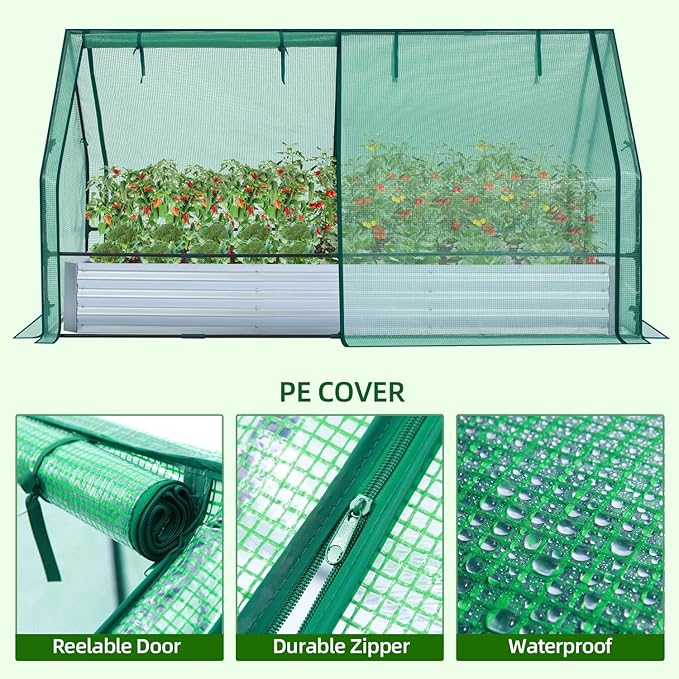 Ohuhu Raised Garden Bed with Greenhouse, 8x4x1 FT Galvanized Metal Planter Box with PE Cover, 4 Doors for Ventilation, 3-in-1 Gardening Set for Vegetable Flower Herb Succulent