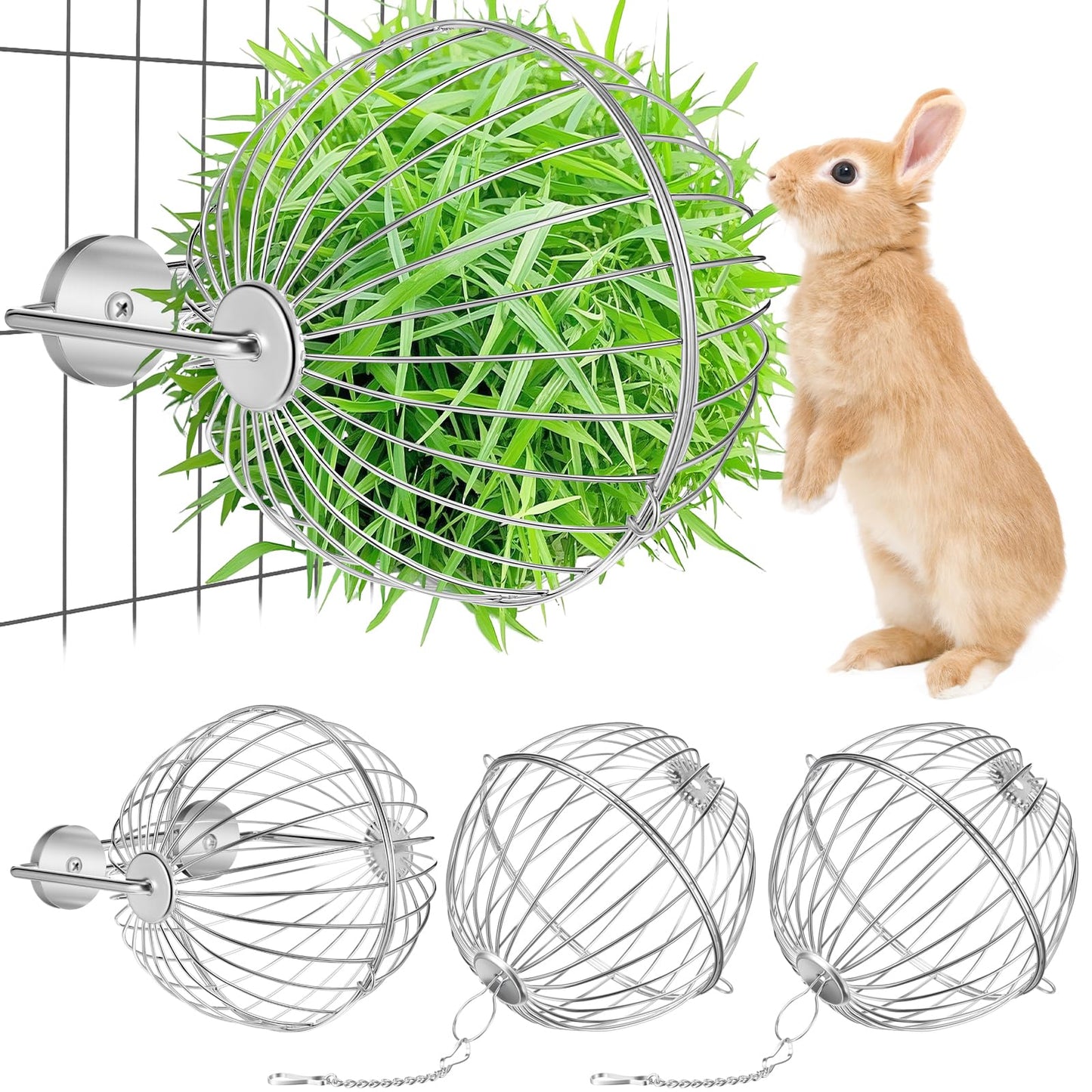 Otoolling 2 Pack Rabbit Hay Ball Feeder Stainless Steel Hanging Hay Holder Dispenser Small Animal Grass Feeder Rack Ball Toy for Bunny Hamster Guinea Pig Chinchilla Gerbils Cage Accessories Supplies