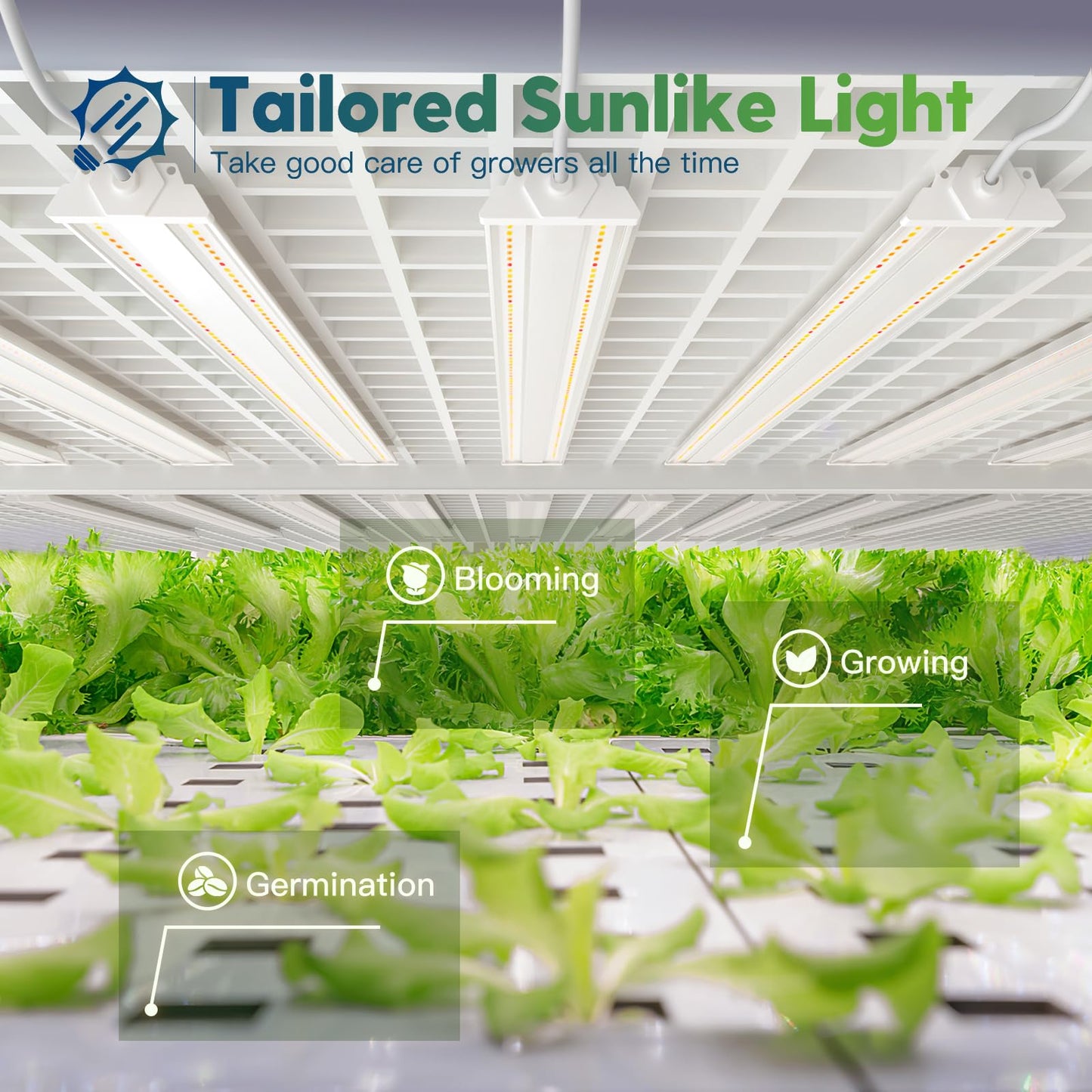 FREELICHT 8 Pack 4FT LED Grow Light, 60W+ 40W (600W Equivalent), Full Spectrum Sunlight Integrated Plant Light for Hydroponic Indoor Plants Seedling Veg and Flower, Plug-in with On/Off Switch