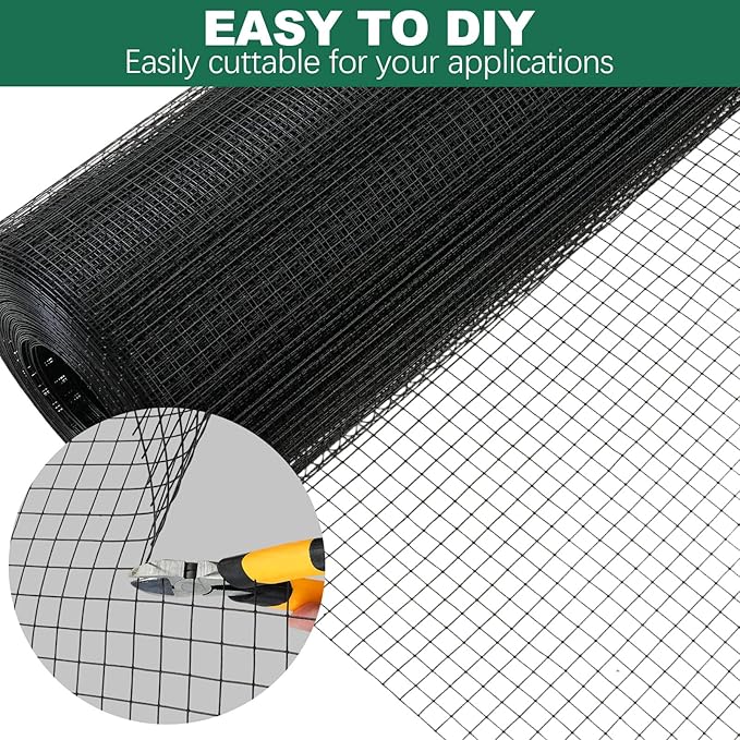 48 in x 100 ft Hardware Cloth, Heavy Duty Black Chicken Wire Fencing, 1/2" 19 Gauge PVC Vinyl Coated Welded Wire Mesh Roll with Measuring Tape Rolling Belt Pliers, for Chicken Coop Garden