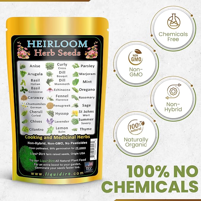 Herb Seeds 27 Varieties Liquidirt Heirloom Culinary and Medicinal - Over 12,000 Seeds - Non-Hybrid and No Chemicals and Non-GMO Survival Garden Seed Bank