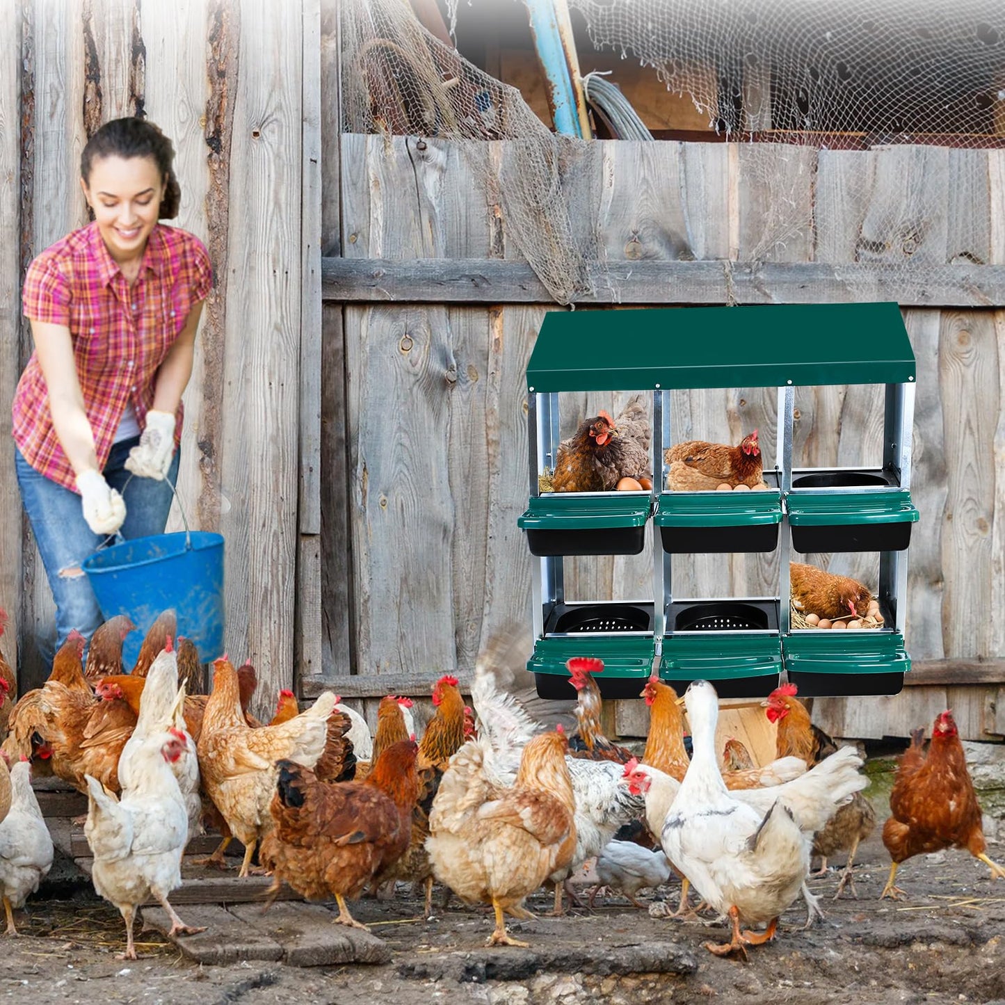 6 Hole Chicken Nesting Box, Roll-Away Egg Collection System with Ventilation Holes，Rustproof Plastic Tray & Keyhole Mounting, Chicken Laying Box for Hen & Duck, Green