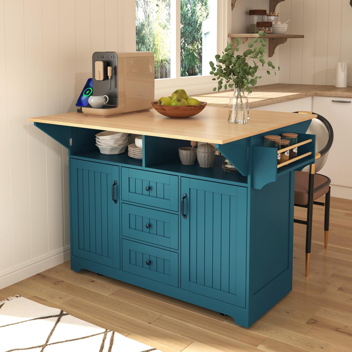 Merax 55.7" Large Kitchen Cart Island on Wheels with 2 Drop Leaf,Power Outlet,3 Drawers,Wood Cabinet for Dining Room