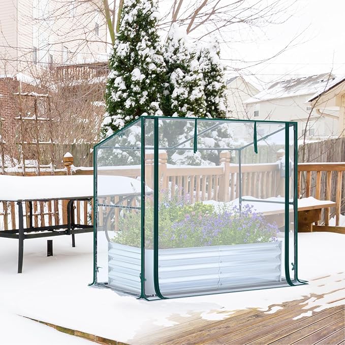 Ohuhu Raised Garden Bed with Greenhouse, 4x2x1 FT Galvanized Metal Planter Box with PVC Cover, Protects Plants from Frost Birds Insects, 3-in-1 Gardening Set for Vegetable Flower Herb Succulent