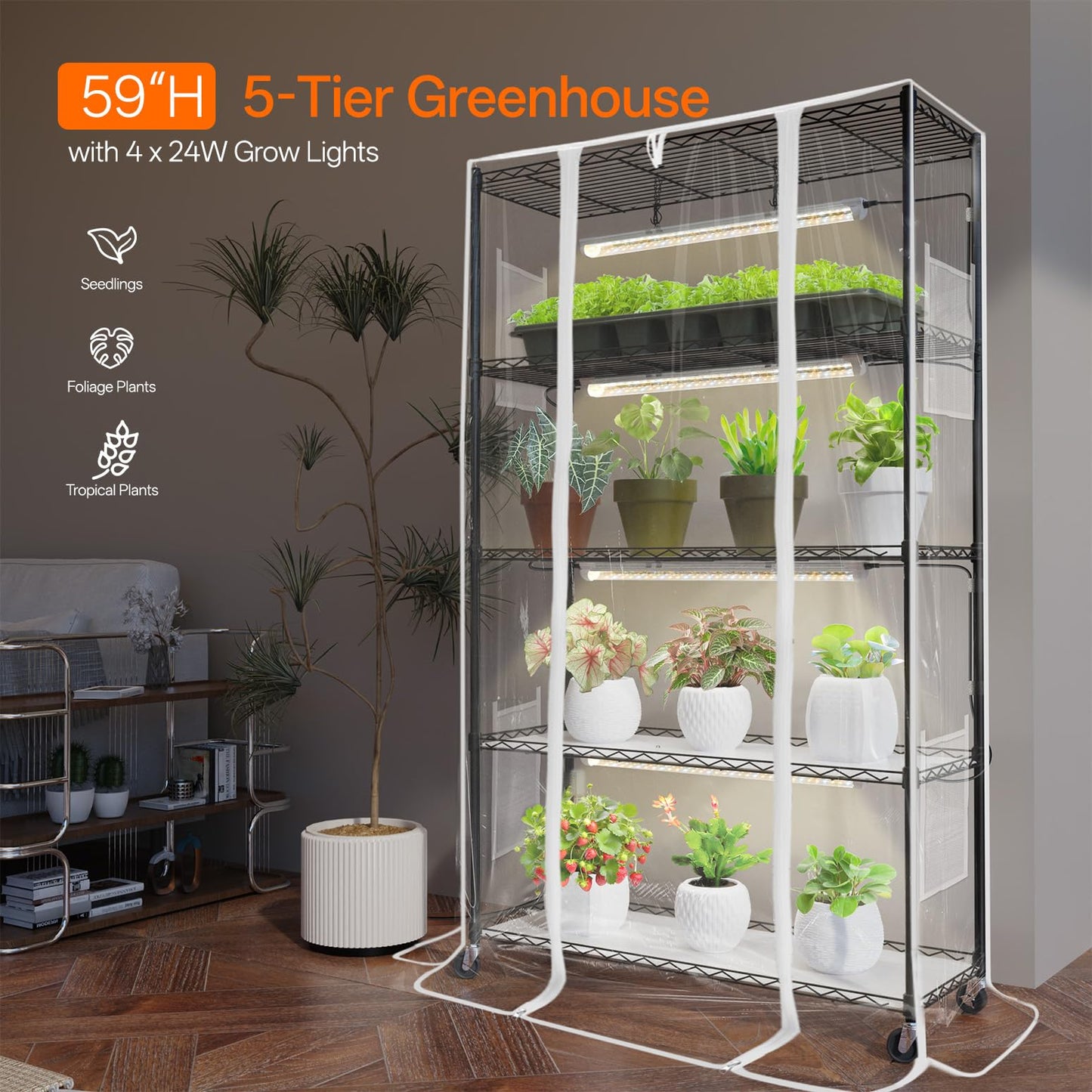 Bstrip Indoor Greenhouse with Grow Light, Mini Green House with 4 Pack 24W Full Spectrum Plant Lights with Timer, Plant Shelf with Tent for Indoor Plant, Seed Starting, Seed Tray, 35.4"x13.8"x59"