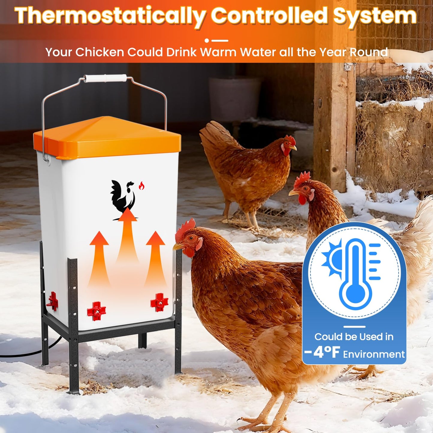 Heated Chicken Waterer, 3.2 Gallon Poultry Water Heater for Winter with 4 Horizontal Nipples, Thermostatically Controlled, 4 Adjustable Heights, Anti-Freezing Watering System for Coop Accessories