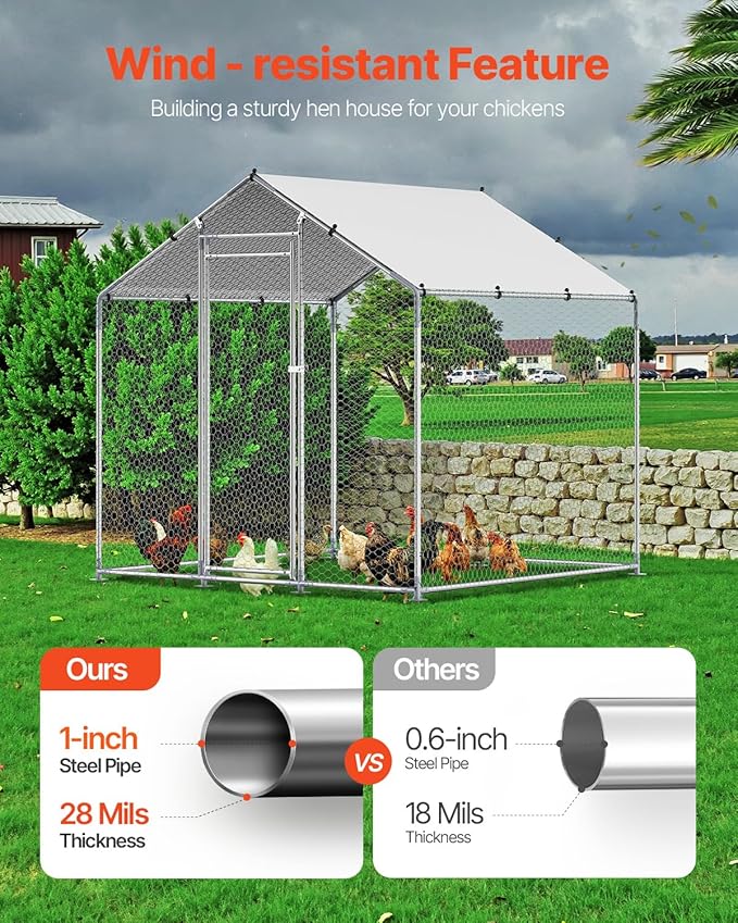 VEVOR Metal Chicken Coop, 6.56x6.56x6.56ft Walk in Chicken Runs for Yards with Cover, Spire Roof Hen House Enclosure with Security Lock, Outdoor Duck Rabbit Poultry Cage Pen for Backyard, Farm, Yard
