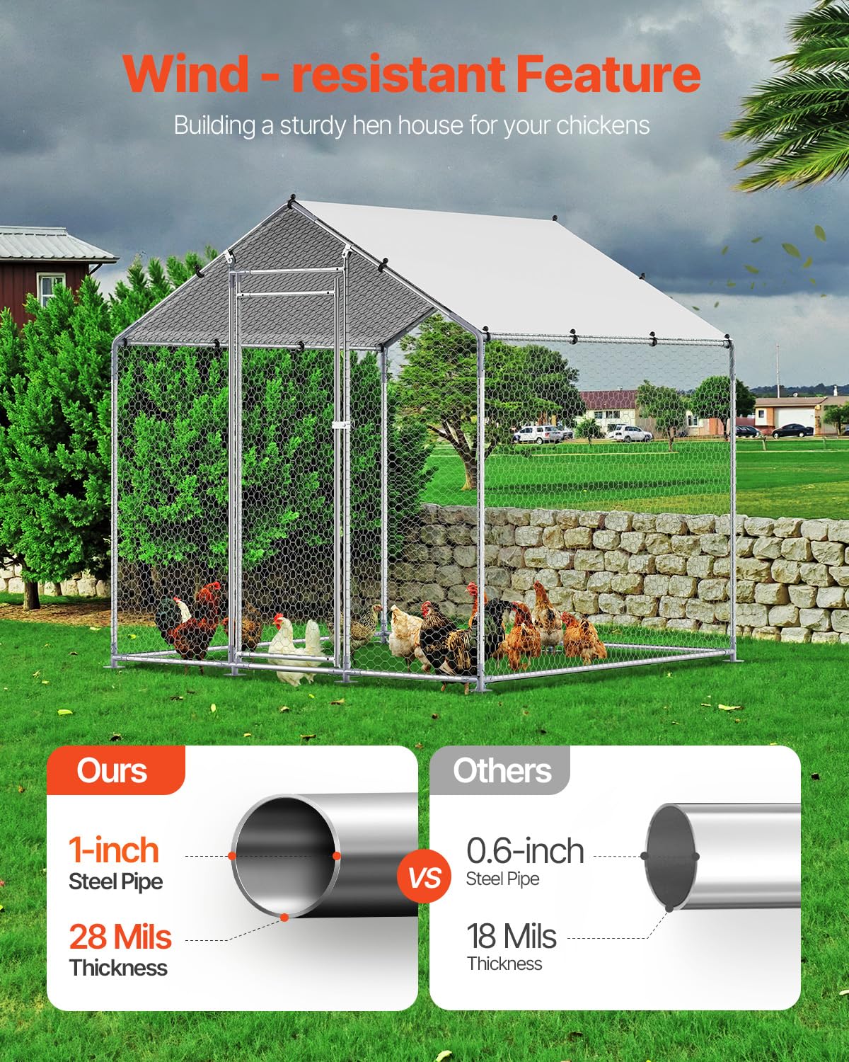 VEVOR Metal Chicken Coop, 6.56x6.56x6.56ft Walk in Chicken Runs for Yards with Cover, Spire Roof Hen House Enclosure with Security Lock, Outdoor Duck Rabbit Poultry Cage Pen for Backyard, Farm, Yard