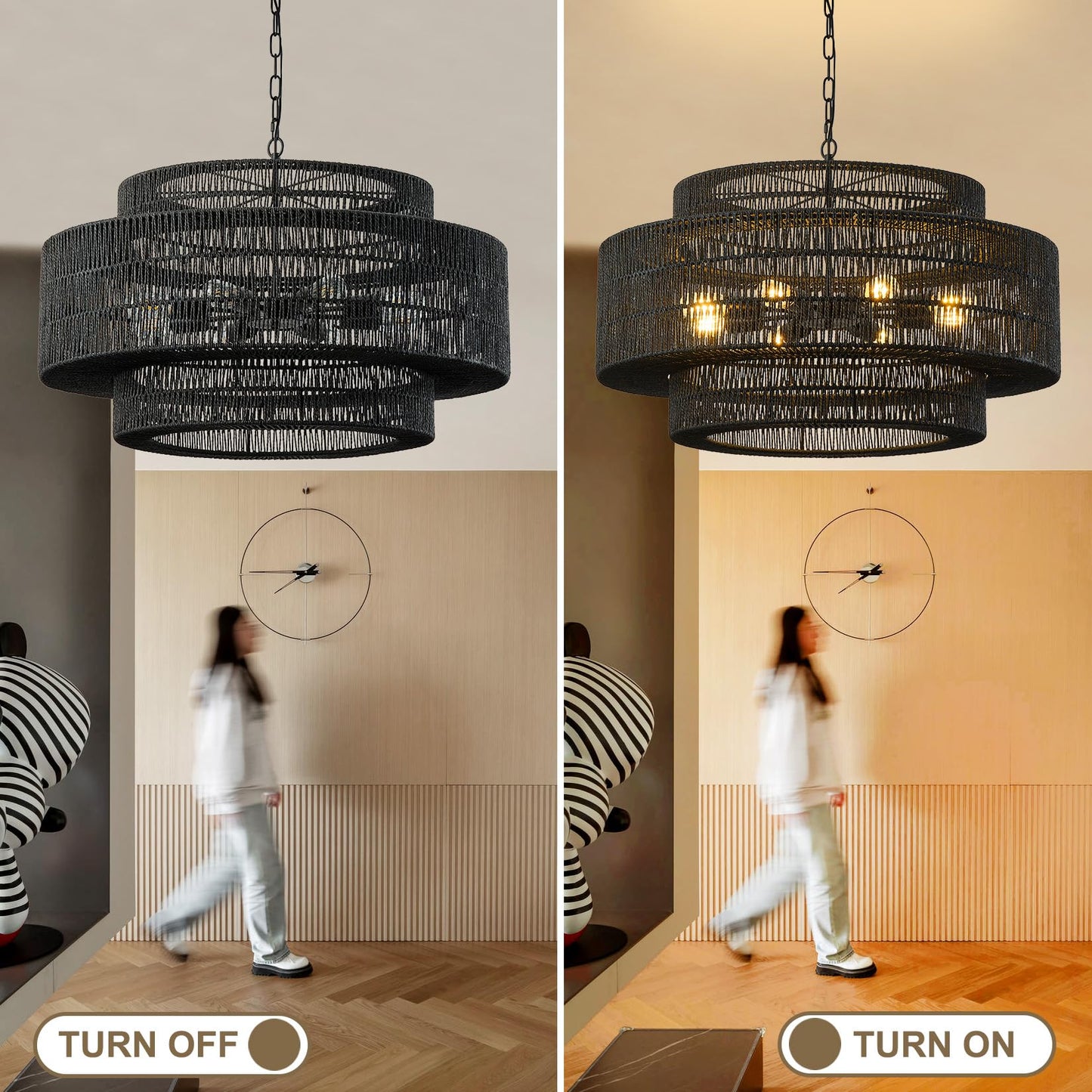 Giutna 31.5"Large Boho Rattan Farmhouse Chandeliers for Dining Room,8-Light Rattan Hand-Woven Rustic Drum Chandelier Pendant Light Fixture for Kitchen Island Bedroom Living Room Entryway Foyer(Black)