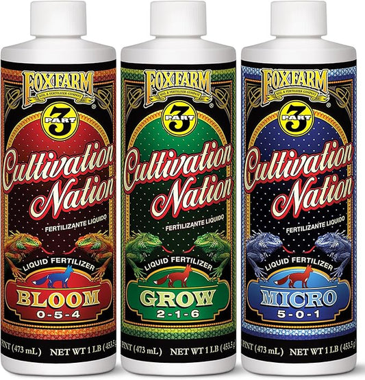 FoxFarm Cultivation Nation Trio – 1 Pint Each of Grow (2-1-6), Micro (5-0-1), Bloom (0-5-4) | Hydroponic Nutrients & Bloom Booster Fertilizer for Vegetables, Buds & Fruit Growth