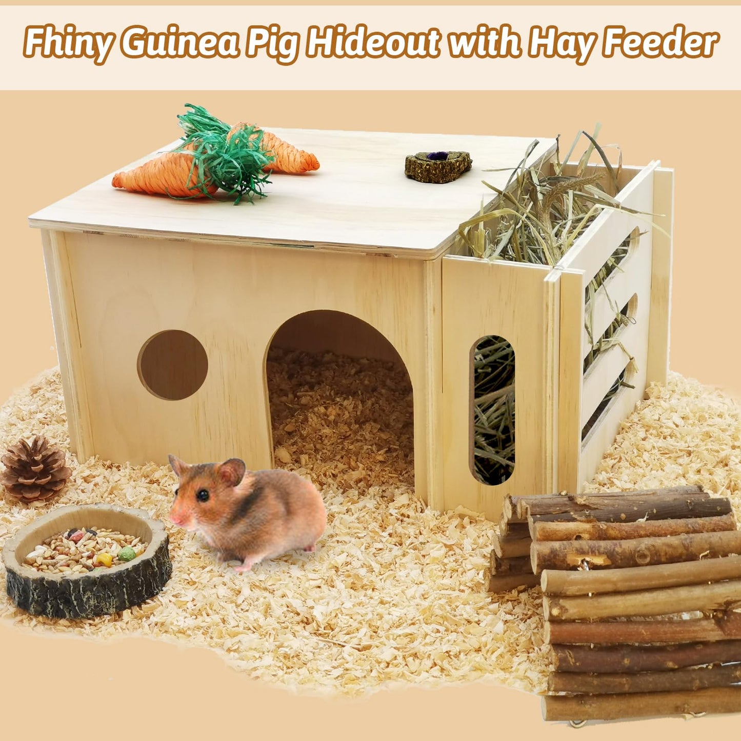 Fhiny Guinea Pig Wood House with Hay Feeder, Detachable Chinchilla Hut Hideout Small Animal Hideout Hideaway Natural Hamster Habitat Decor for Guinea Pig Chinchilla Dwarf Rabbit Hamster