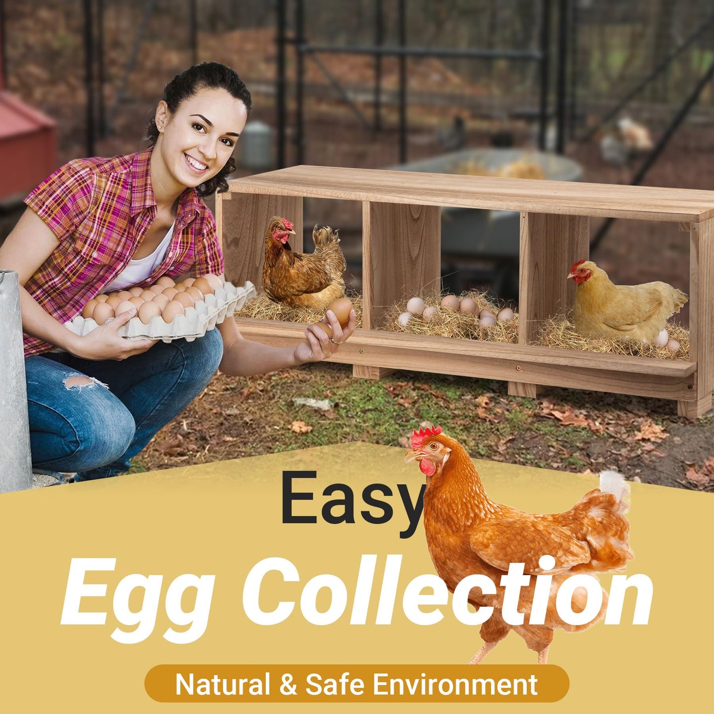 Neoaider Nesting Boxes for Chickens 3 Compartment, Wall-Mounted Wooden Chicken Nesting Box, Ensuring Comfortable Egg Laying, Preventing Egg Falls, Perfect for Backyard and Poultry Farms