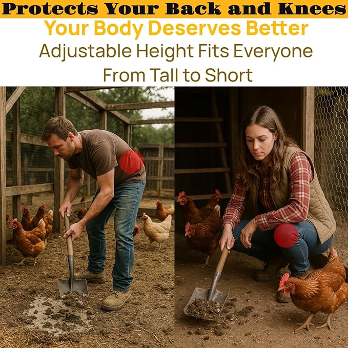 Chicken Shovel Poop Scooper & Rake 2-in-1,Metal Coop Scoop for Sand with 24"–63.7" Adjustable Stainless Steel Handle,Ergonomic Grip Litter Sifting Shovel for Pooper Cleaning,Farm&Poultry