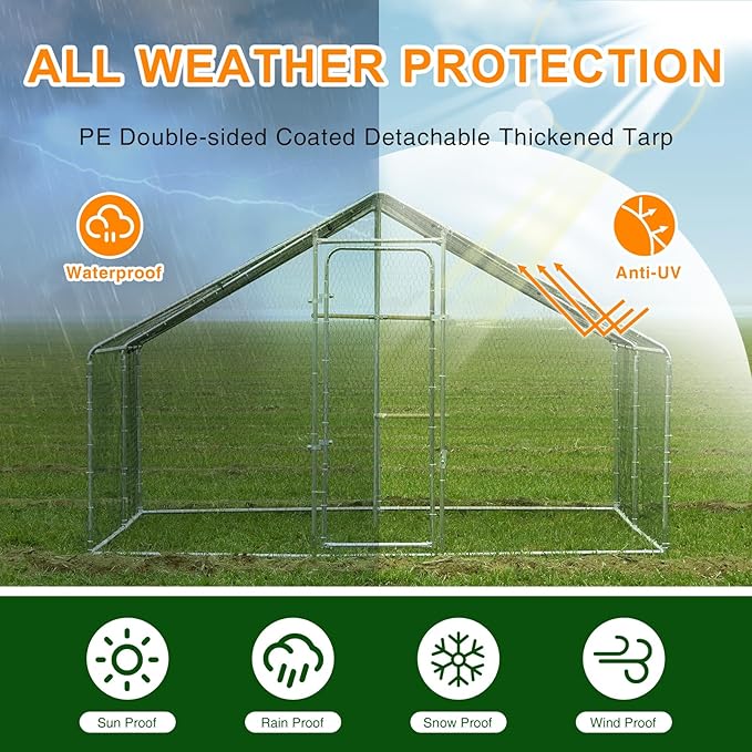 Large Metal Chicken Coop Chicken Runs for Yard with Cover Walk in Poultry Cage with Waterproof & Anti-UV Cover Heavy Duty Chicken Pen for Outdoor, Duck Rabbit Cage